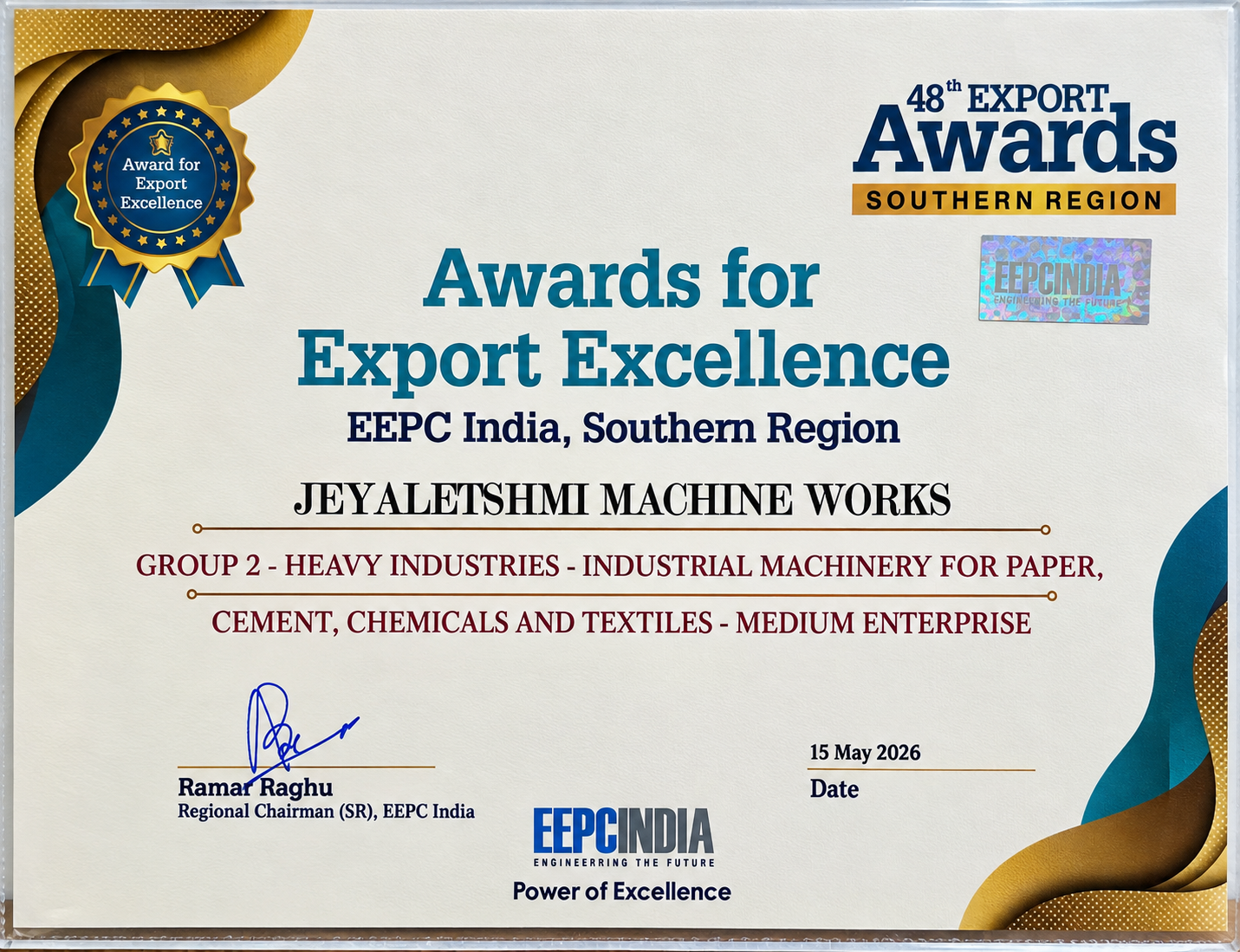 OUTSTANDING EXPORT PERFORMANCE certificate