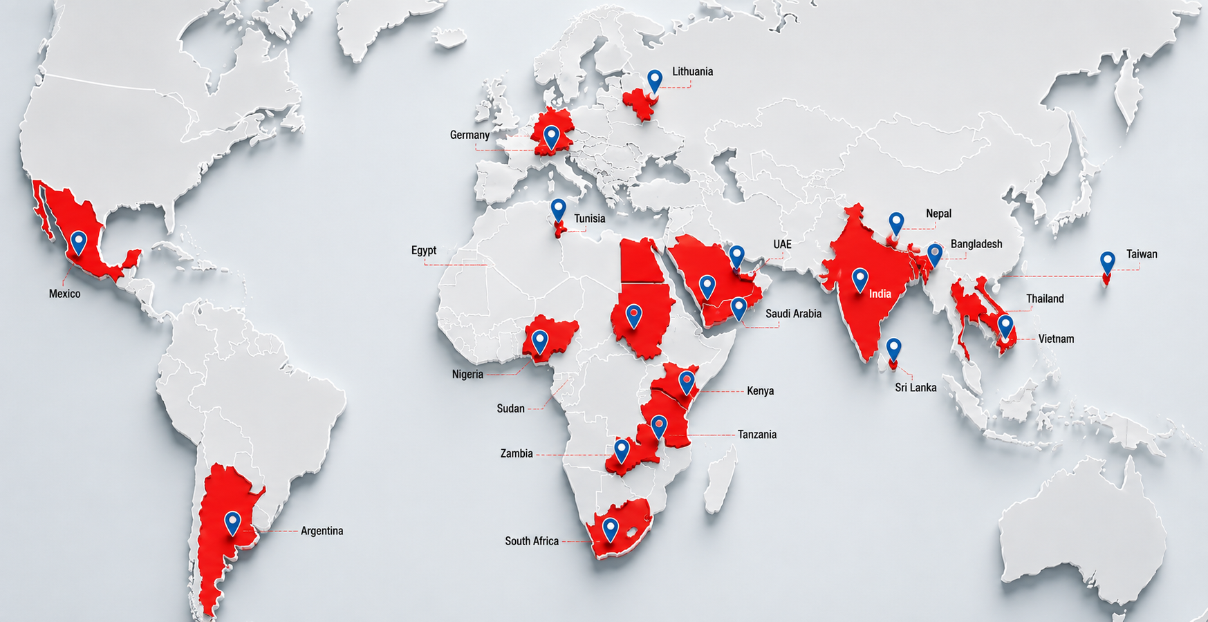 World map highlighting JMW export countries